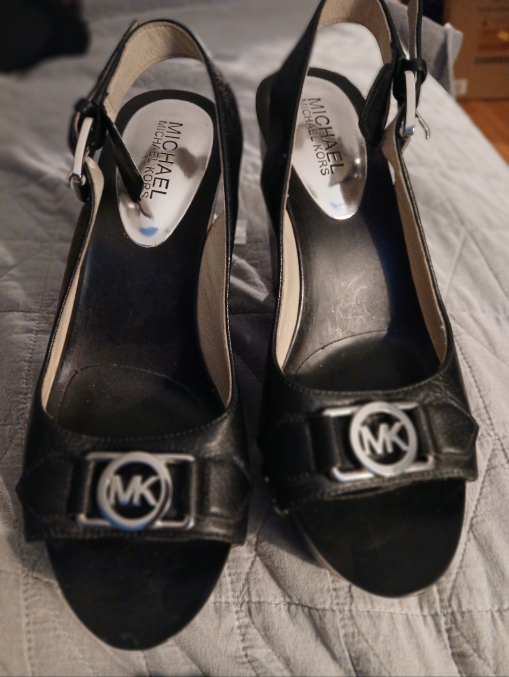 Michael Kors Black Leather MK Logo Slingback Peep-Toe Heels
